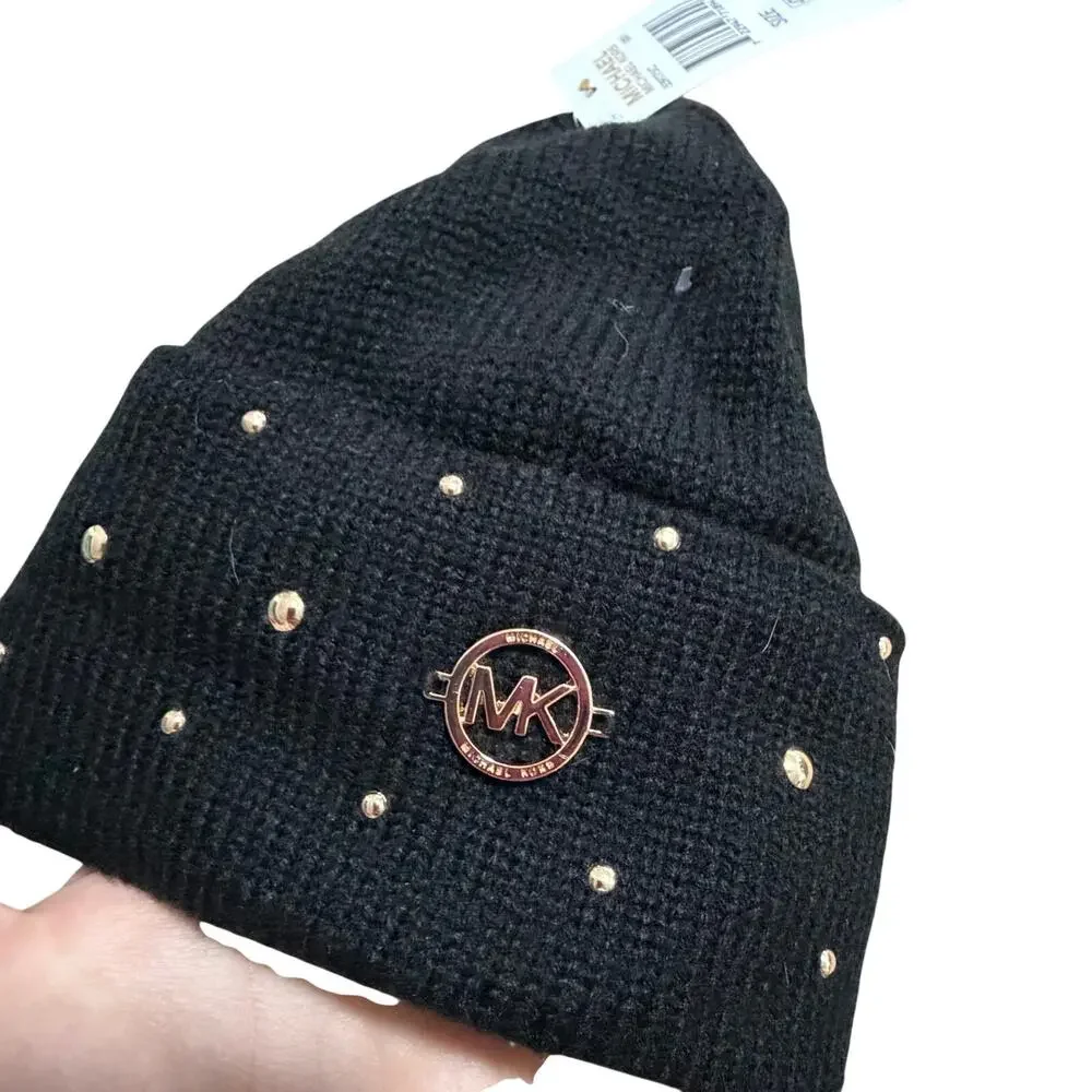 NWT Michael Kors black beanie hat w gold design soft warm gift ideas Christmas